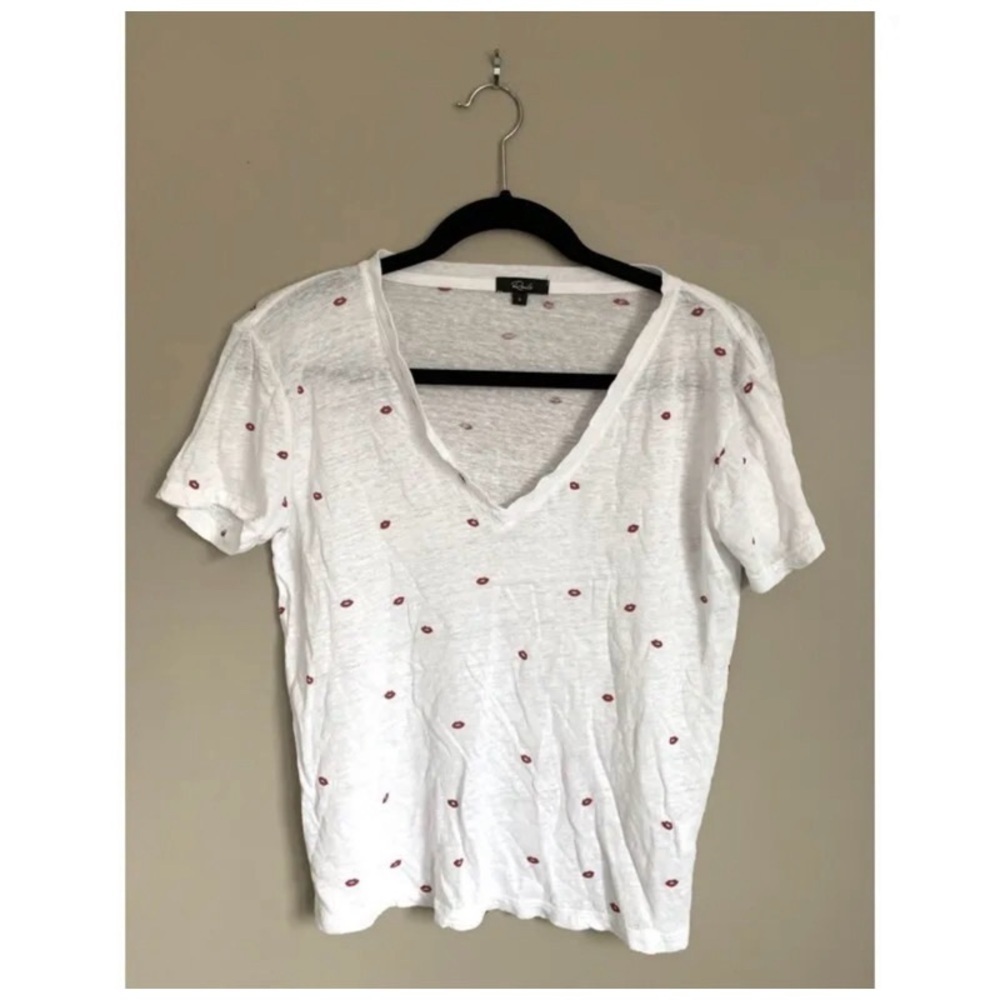 Rails Lips Print V-Neck Linen Blend Short-Sleeve … - image 1